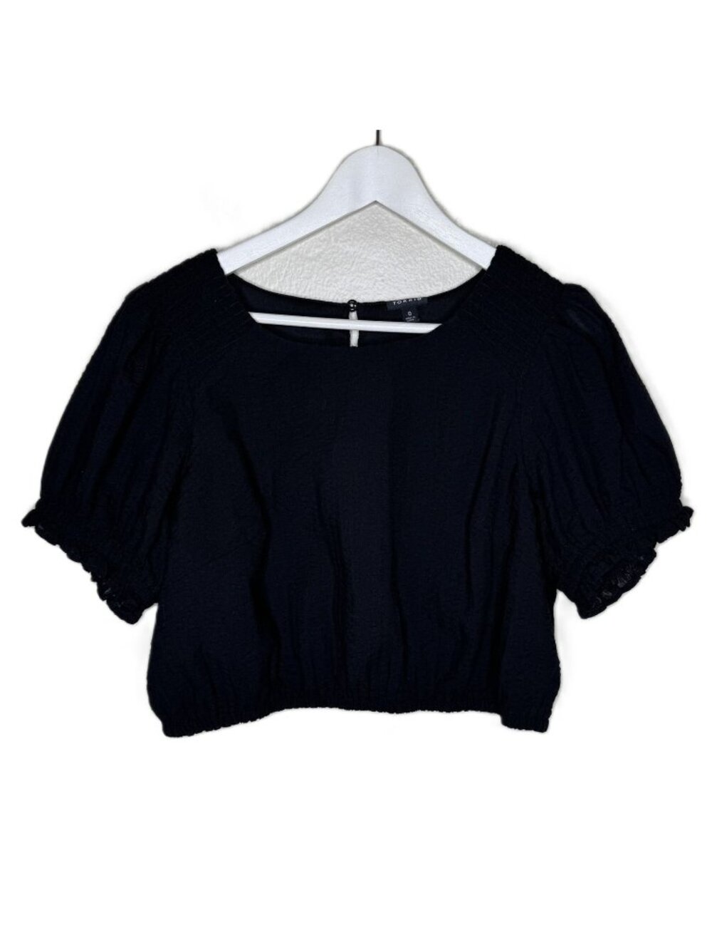 Torrid Black Seersucker Smocked Cropped Short Puff-Sleeve Blouse, Size 0